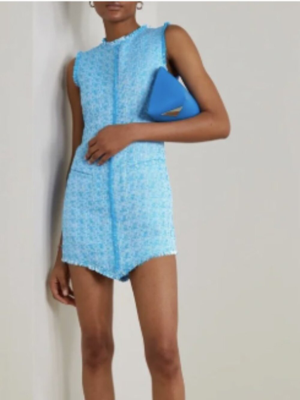STAUD Blue Crystal Tweed Sleeveless Asymmetric Hem Mini Dress 10